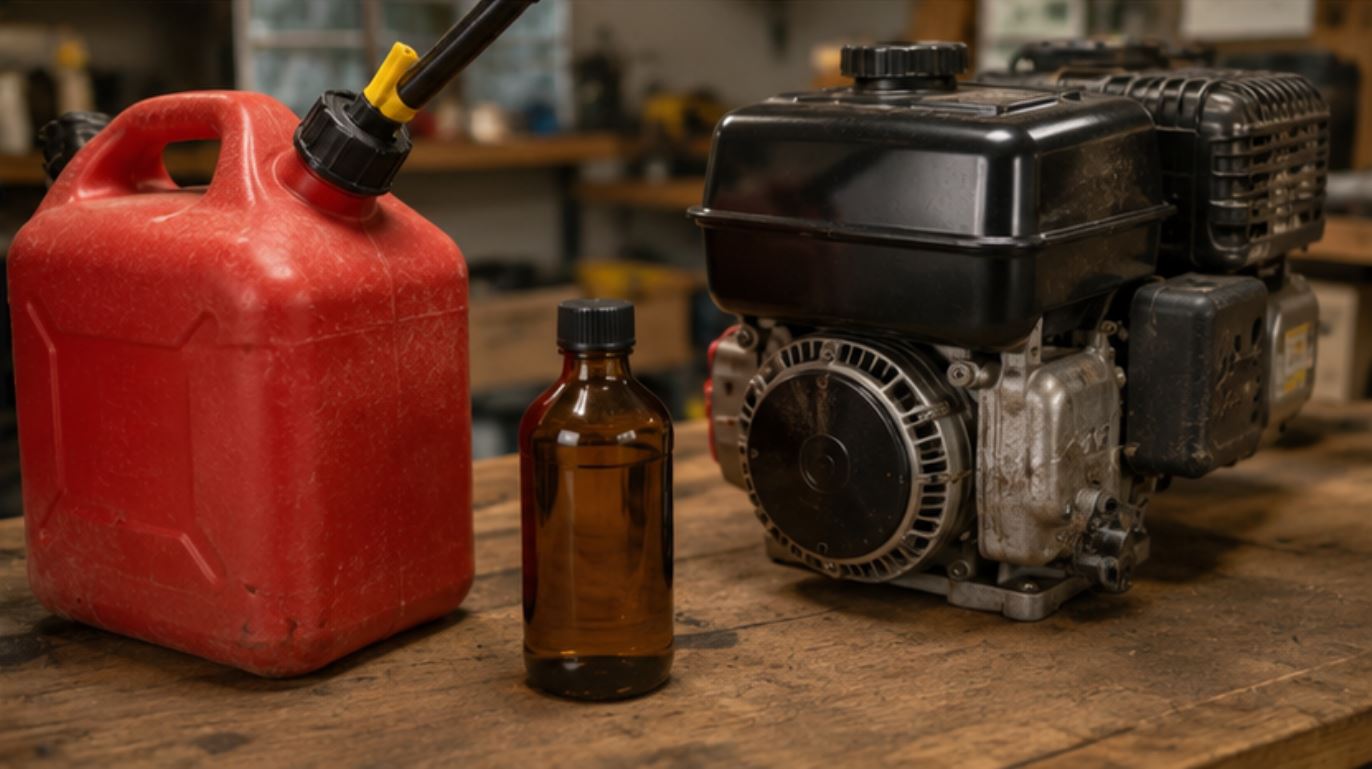 A gas can and fuel stabilizer next to a small engine